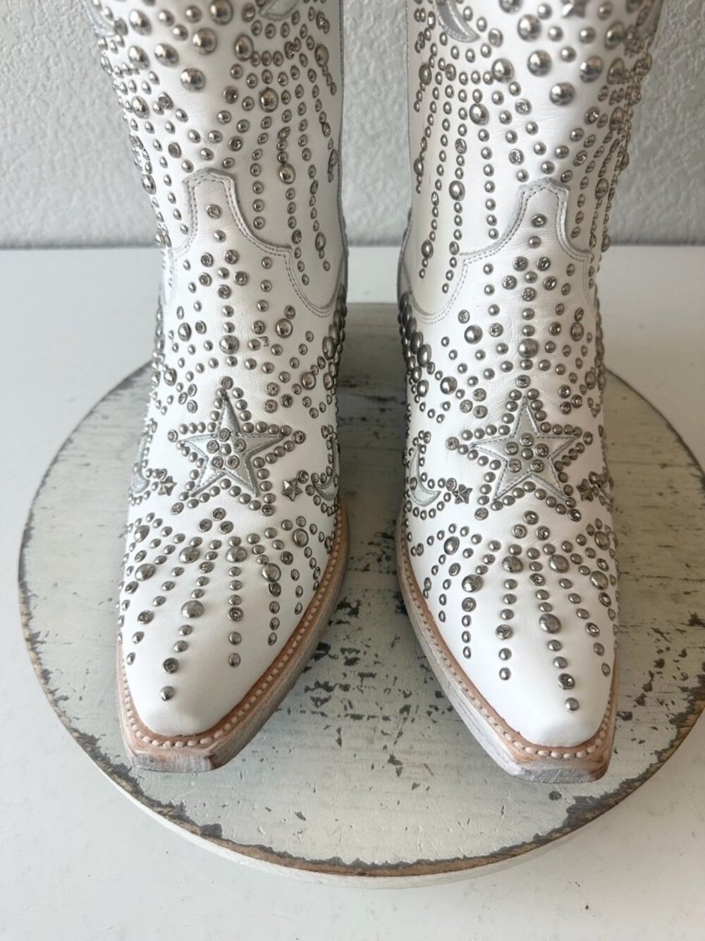 Lane SOLSTICE Womens White Studded Cowboy Boots Tall Snip Toe Leather Size 8 - Picture 11 of 14